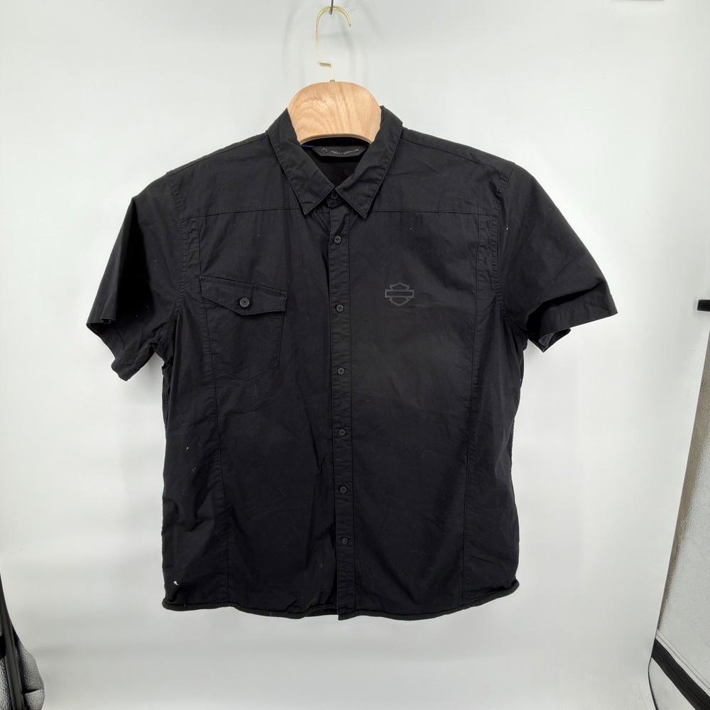 Harley-Davidson Button Up Shirt Mens 2XL Slim Black Embroidered Logo Stretch